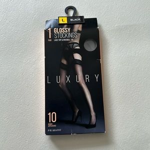 Black lace top glossy stockings size L